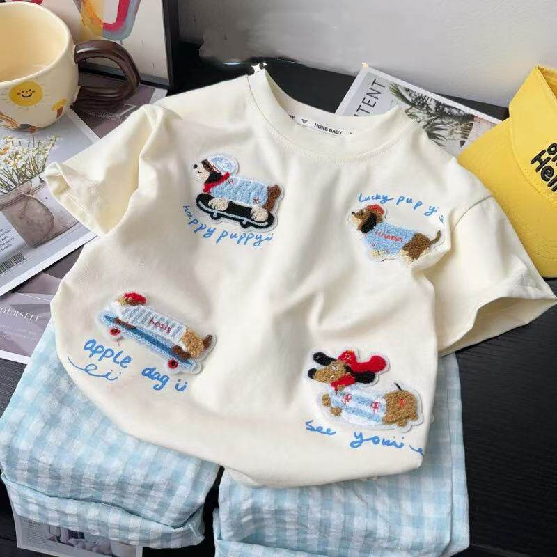 2026夏季卡通小狗刺绣短袖T恤儿童夏季宽松圆领上衣男女童趣薄款