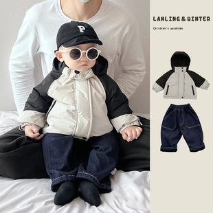 潮酷宝宝冬季羽绒服套装韩系婴儿洋气拼色夹克外套男童保暖牛仔裤