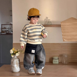 小宝宝春装2026新款韩版童装儿童春季衣服男童条纹卫衣牛仔裤套装