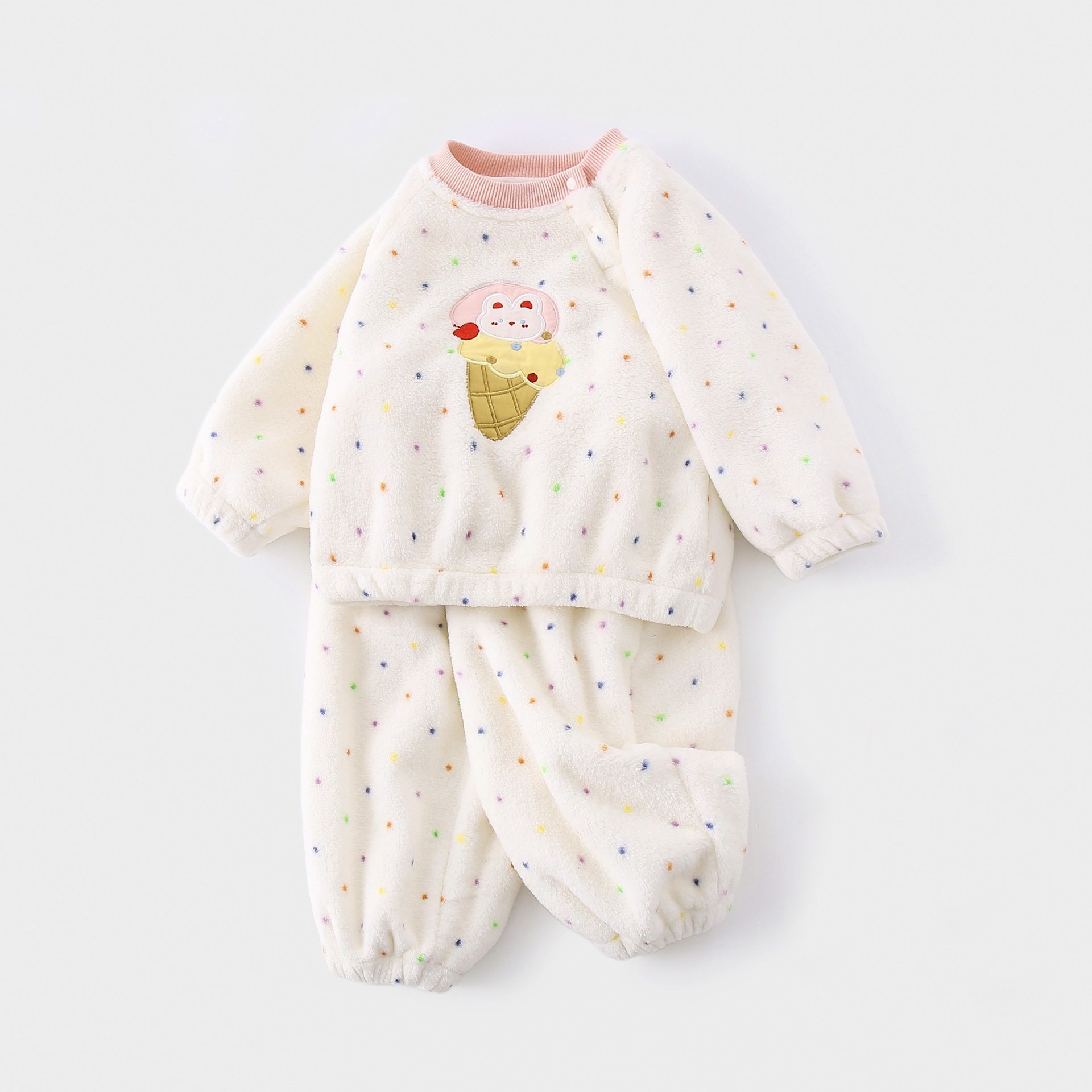 小月龄女宝宝冬季分体韩系洋气波点套装可爱卡通两件套保暖家居服