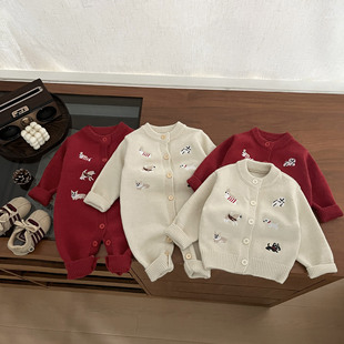 男宝宝毛衣秋冬季新款婴幼儿洋气刺绣加厚针织开衫红色周岁拜年服