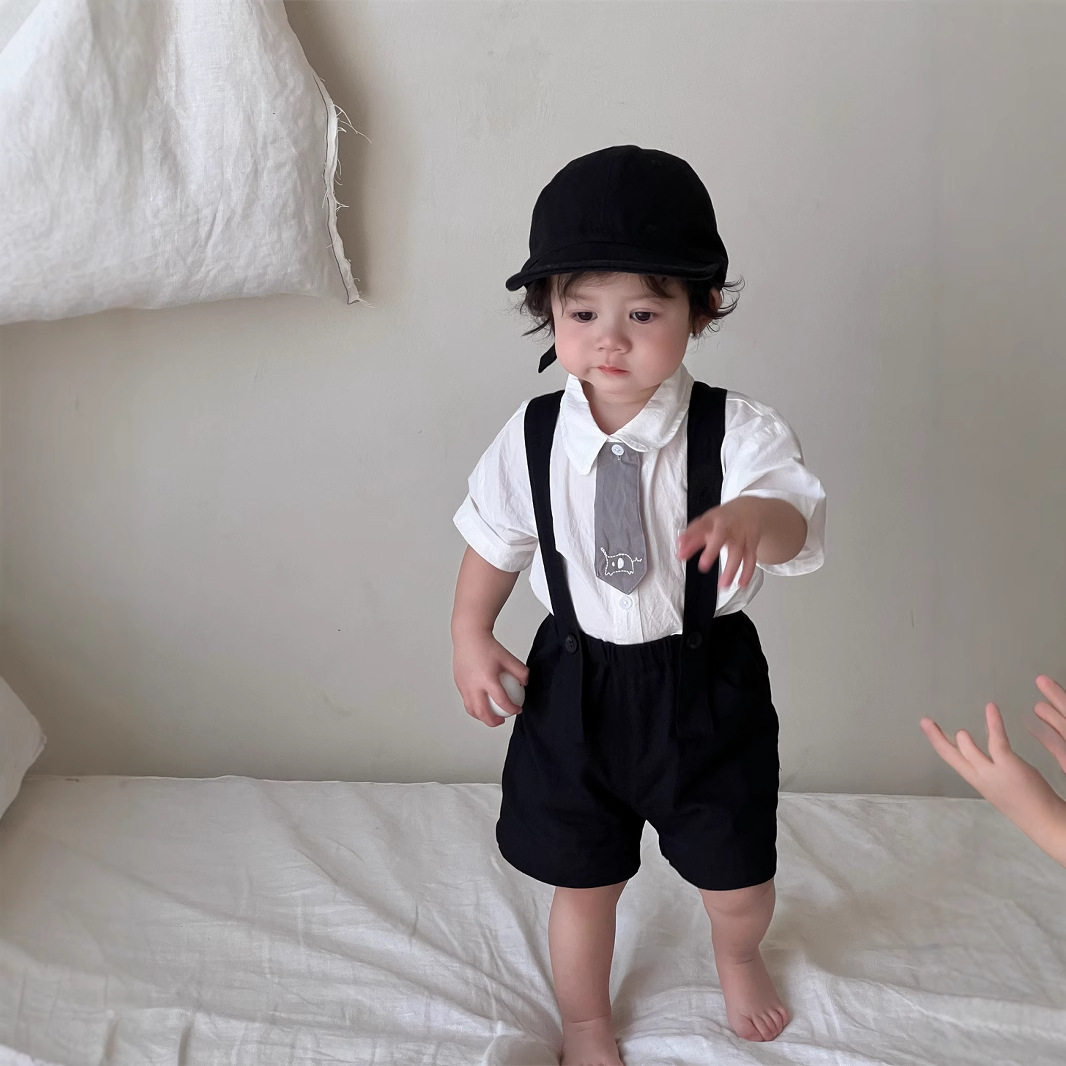 男童夏季衣服薄款2026新品儿童夏装韩版童装宝宝衬衫背带裤套装