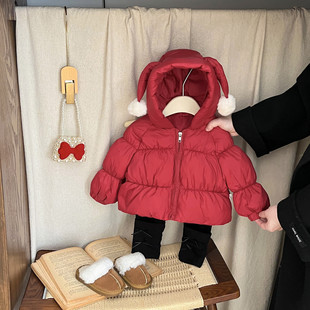 宝宝羽绒服冬季2025新款女童洋气红色白鸭绒外套婴儿过年周岁衣服