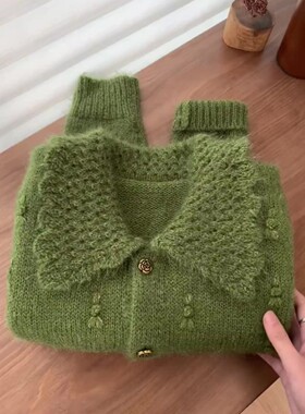 egg新款大翻领重工山羊绒软糯毛衣秋冬加厚漂亮咸菜绿色针织开衫