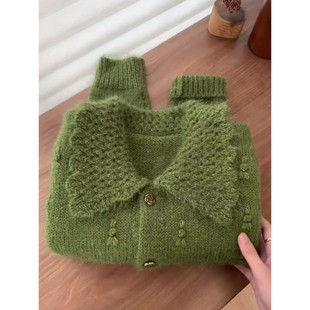 egg新款 大翻领重工山羊绒软糯毛衣秋冬加厚漂亮咸菜绿色针织开衫