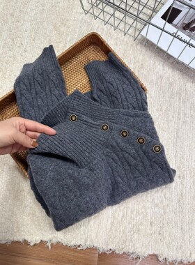 设计感小众秋冬复古深灰色高领麻花毛衣女气质高级感韩系两穿上衣