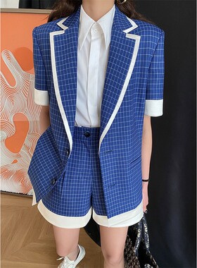 Kalman | 新款格子短袖西装短裤套装女A50117