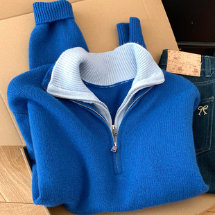 CHAO级推荐 克莱因蓝假两件半拉链羊毛毛衣女秋冬漂亮加厚针织衫