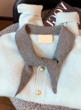 强货赞爆了！蓝色羊绒毛衣女秋新爆款外穿圆领拼接色系带针织开衫