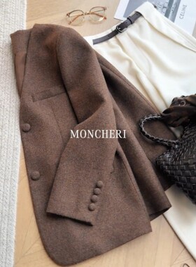 2025年冬季羊毛老钱风高级感毛呢立体剪裁休闲无领西装外套女气质