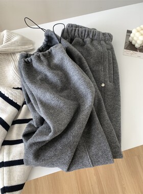 CHAO级推荐！韩系灰色糯米绒毛呢裤女冬季加绒保暖束脚两穿休闲裤