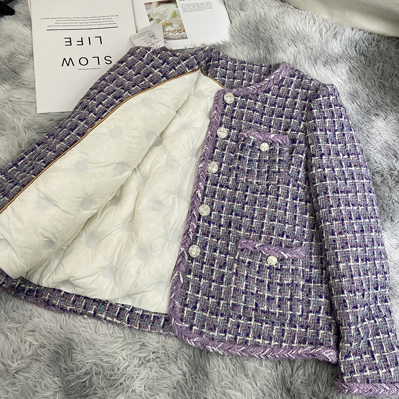 香芋紫色羽绒服女款冬季2024新款粗花呢加厚保暖小香风外套A72037