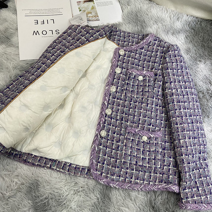 香芋紫色羽绒服女款冬季2024新款粗花呢加厚保暖小香风外套A72037