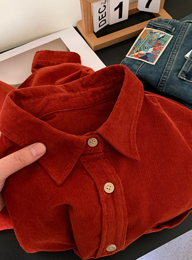 chao好看！巨显白！复古红色高级感宽松灯芯绒衬衫女休闲时尚衬衣