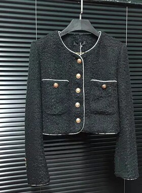 捡漏~~小香风圆领高级感黑色上衣2022撞色气质设计感短外套A60369