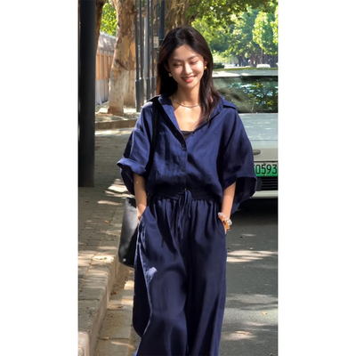 法式小香风藏青色亚麻衬衫套装女