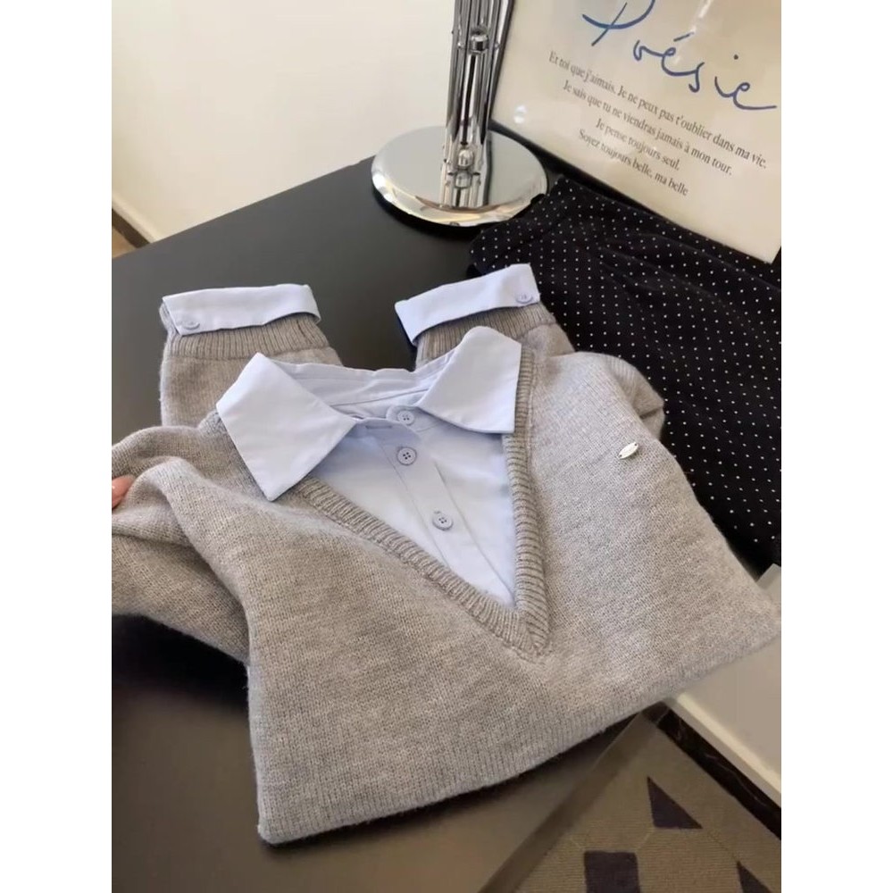 灰色假两件拼接衬衫女2025新款