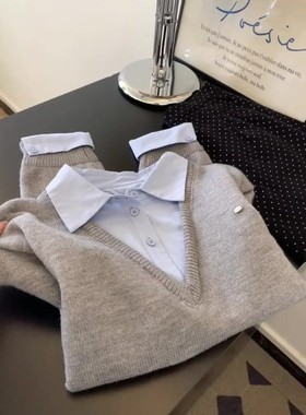 CHAO级推荐！巨好看灰色假两件拼接衬衫女2025新款宽松百搭针织衫