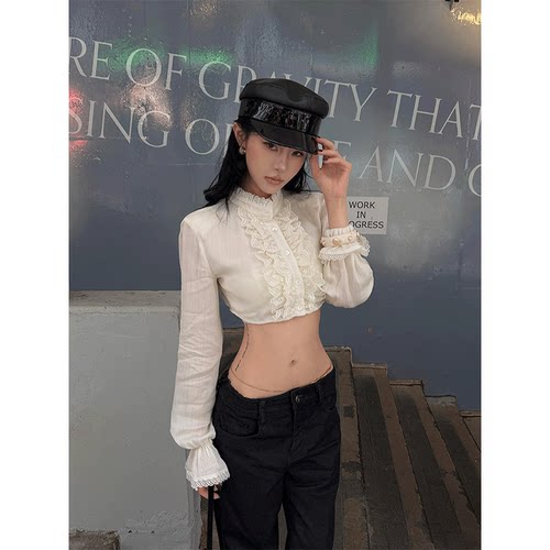 法式轻奢高级感雪纺衫设计感上衣女气质蕾丝正肩拼接辣妹风衬衫