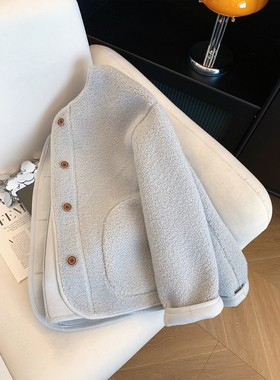 浅蓝色小香风摇粒绒皮毛一体短外套女秋冬加绒加厚高级感休闲大衣