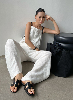 现货速发  极简慵懒！白色亚麻休闲减龄背带裤吊带连体裤直筒长裤