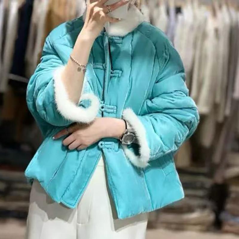 国风盘扣蓝色丝绒夹棉棉服女秋冬高级感超好看气质加厚外套A20930