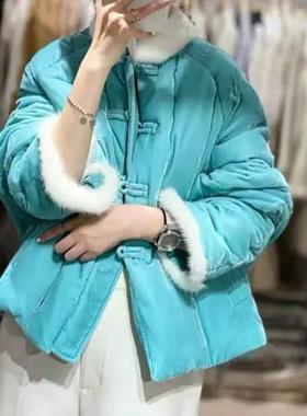 国风盘扣蓝色丝绒夹棉棉服女秋冬高级感超好看气质加厚外套A20930