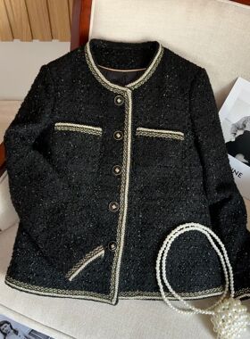2025春秋冬小香风粗花呢短外套女黑色金边滚边小个子纽扣编织上衣