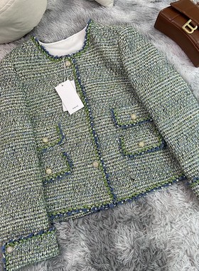 法式抹茶色小香风外套女秋冬设计感名媛气质口袋粗花呢上衣A71861
