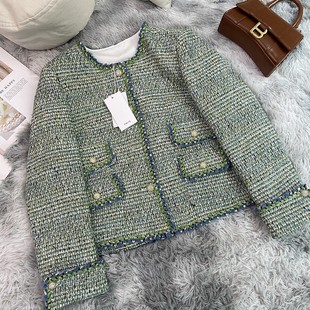 法式抹茶色小香风外套女秋冬设计感名媛气质口袋粗花呢上衣A71861