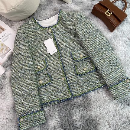 法式抹茶色小香风外套女秋冬设计感名媛气质口袋粗花呢上衣A71861