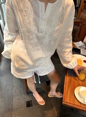 Kalman | 意大利进口亚麻衬衫重工刺绣镂空休闲宽松短裤套装女