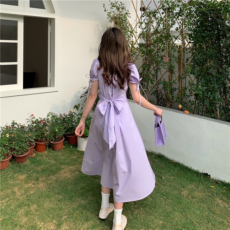 New French dress with purple Platycodon grandiflorum and fairy bubble sleeves