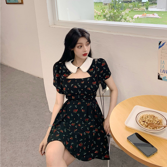 Real price photo ~ Black Baby collar princess skirt floral dress female waist sexy hollow little black skirt