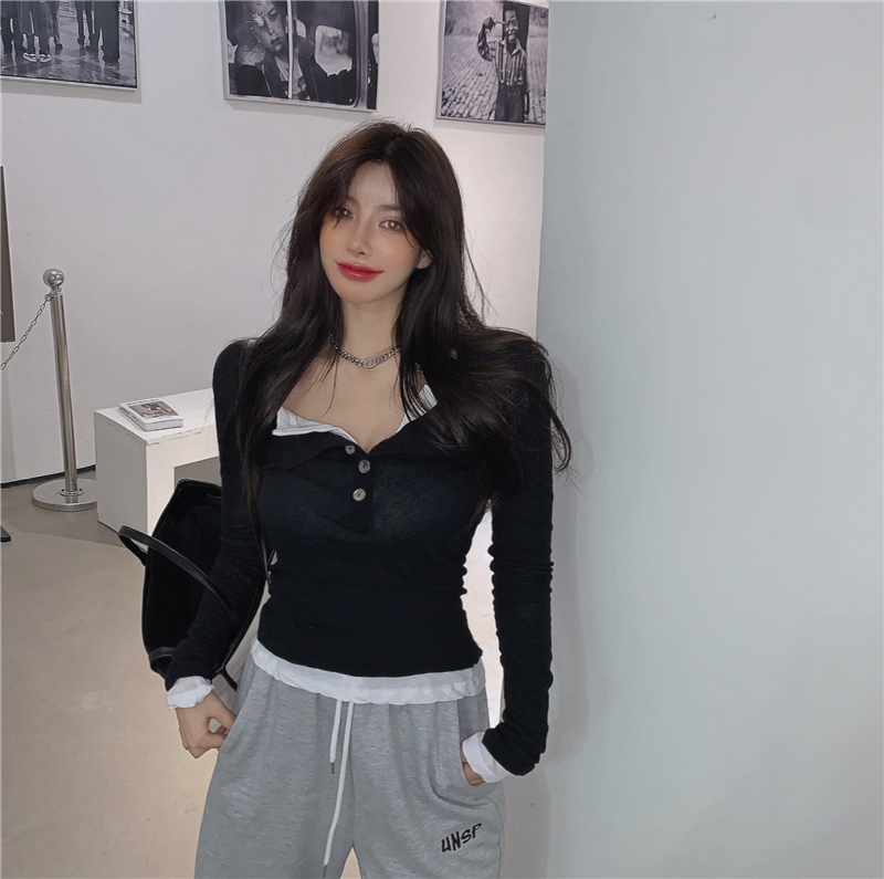 Real price real shot 2020 new slim versatile top with single breasted and fake two piece bottoming shirt