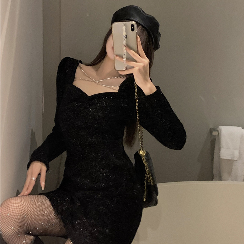 Real price real auction with diamond chain dress temperament design irregular pleated medium length slim arm