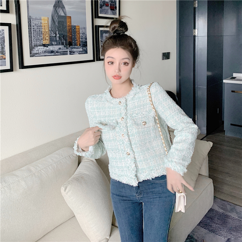 Real price shooting temperament celebrity style tweed short coat Korean casual versatile jacket fashion