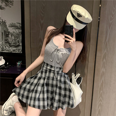 Real price new high waist Plaid pleated skirt A-line skirt + strap vest suspender top
