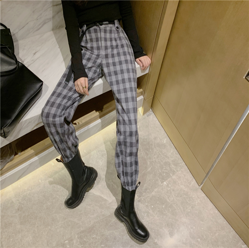 Real price and real shot high waist shows thin work clothes, checked wool, 9-point loose straight tube Leggings with belt