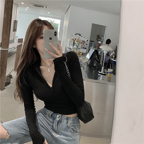 Real price photo solid color bottoming shirt zipper thread long sleeve T-shirt for women's slim short open navel top