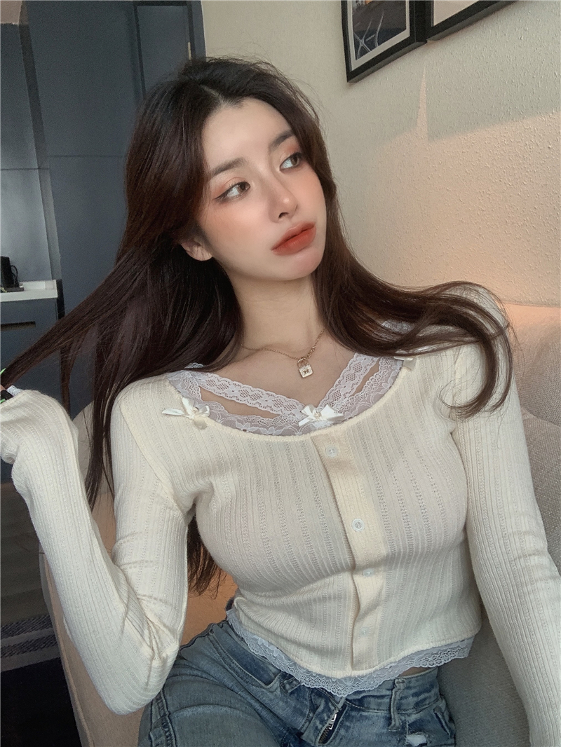 Real price real shot new pure lace milk white sexy knitted Long Sleeve Jacket slim elastic