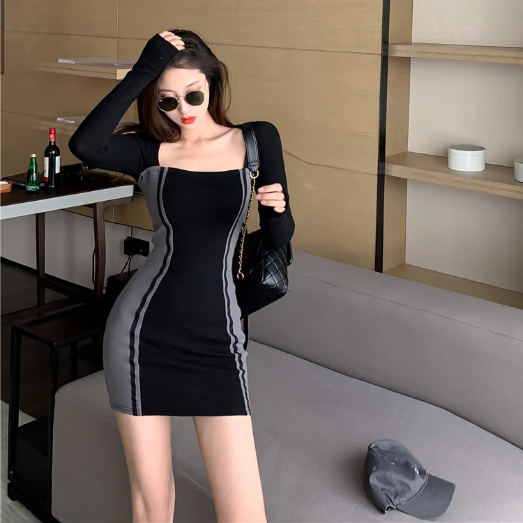 Real price real shot temperament stitching color contrast square collar dress sexy trick buttock bottom small black skirt