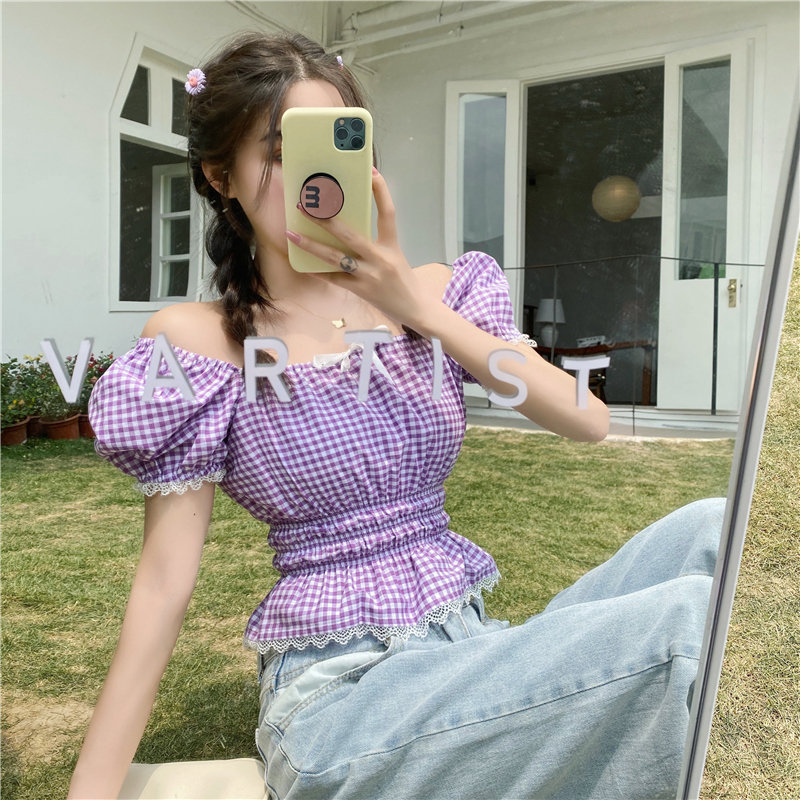 Real price new 2021 square collar retro girl slim Plaid lace bow shirt