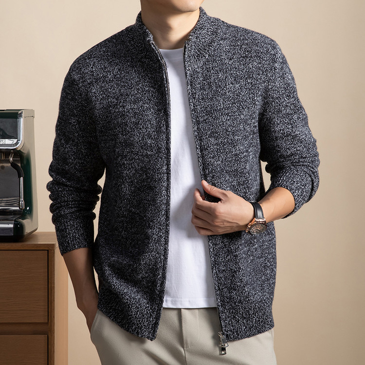 皮尔卡丹100%纯羊毛男士秋冬立领毛衣加厚针织羊毛拉链开衫外套