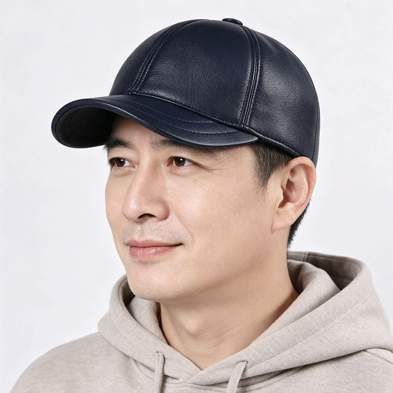 羊皮短檐全封口棒球帽男女秋冬季时尚百搭鸭舌帽中老年人真皮帽子