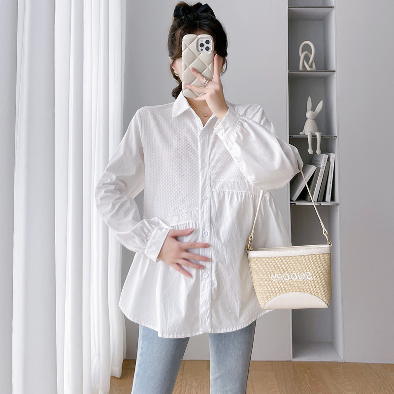 ANGEL MOMMY 임산부복 2024 봄 신상 폴로 칼라 화이트 셔츠 여성용 루즈하고 다재다능한 임산부 상의