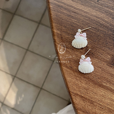 天然贝壳真丝蝴蝶结珍珠耳钉