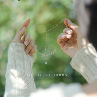 ＜夏日微風(fēng)＞湛藍(lán)冰島之歌 天空藍(lán)托帕石色珍珠包金項(xiàng)鏈鎖骨原創(chuàng)