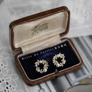 ＜夏日微风＞橄榄叶珍珠花环 925银镀金锆石日韩耳钉夹环仙现货