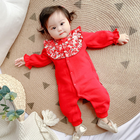 百岁宴宝宝服婴儿秋装女宝满月衣服春秋周岁中国风红色拍照